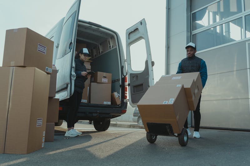 Workers loading palletized cargo into a dry van trailer
